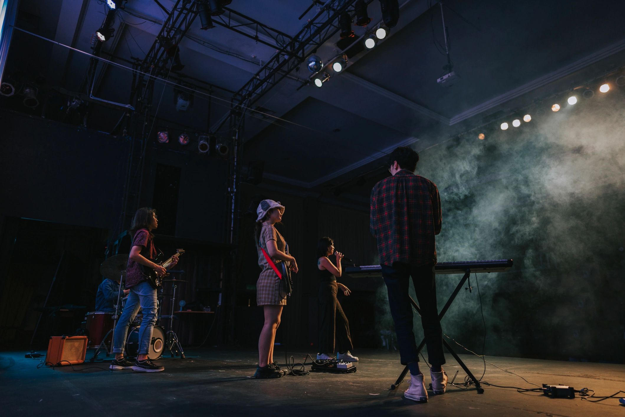 Wide shot of a live band performance with stage lighting